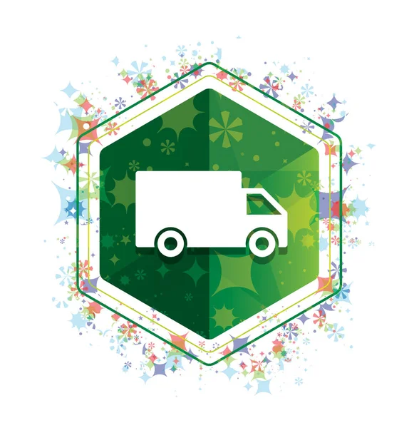 Delivery truck icon floral plants pattern green hexagon button