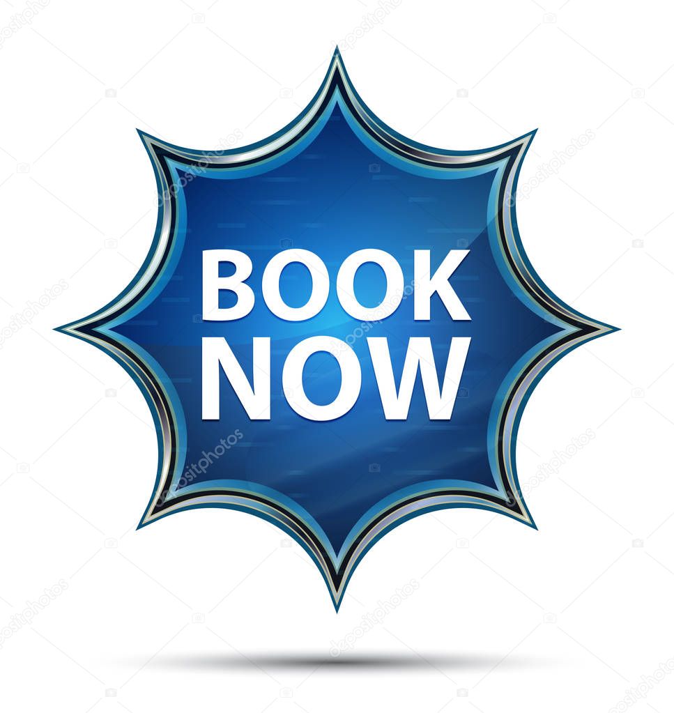 Book Now magical glassy sunburst blue button