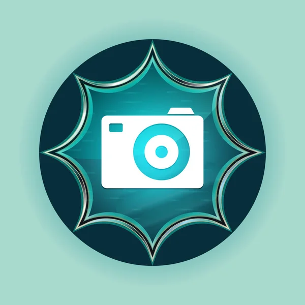 Ícone da câmera mágica sunburst vítreo azul botão céu azul backgro — Fotografia de Stock