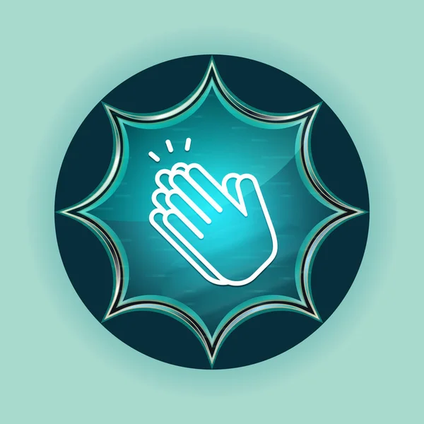 Mãos clap ícone mágico sunburst vítreo azul botão céu azul bac — Fotografia de Stock