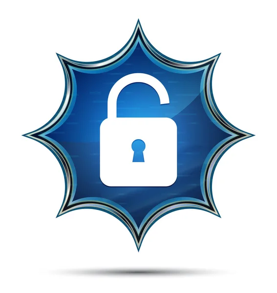 Padlock open icon magical glassy sunburst blue button — Stock Photo, Image