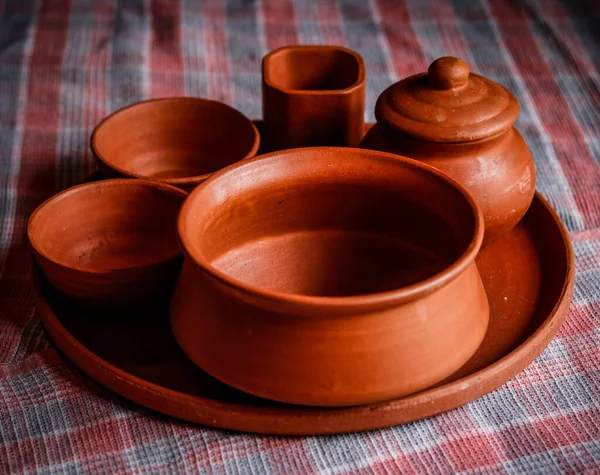 Top View Hand Made Mud Crockery Cloth Background — Stock Photo, Image