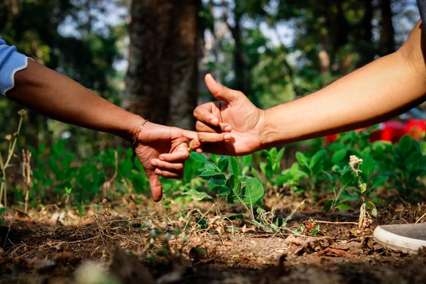 COUPLE TOUCHES HAND IN NATURAL GREENISH BACKGROUND