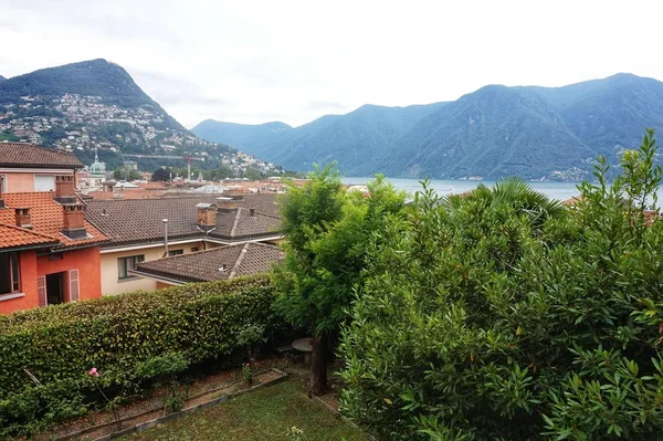Panorama Del Lago Della Città Lugano Dal Ponte Osservazione Sul — Foto Stock