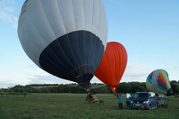 Inflating Balloon Lying Grass Burning Air Fire Burning Ball Dniepro — Stock Photo, Image