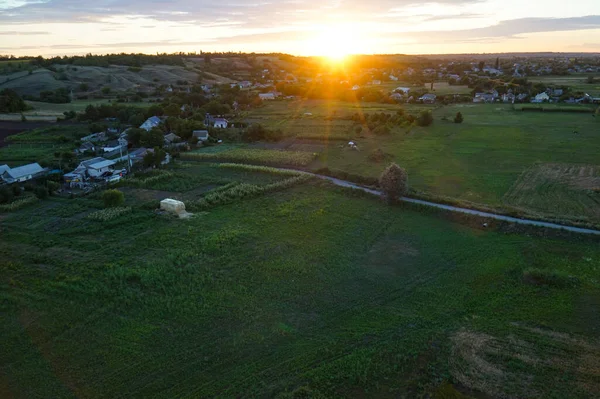 Вид Село Спаське Рівнині Зверху Променях Заходу Сонця — стокове фото