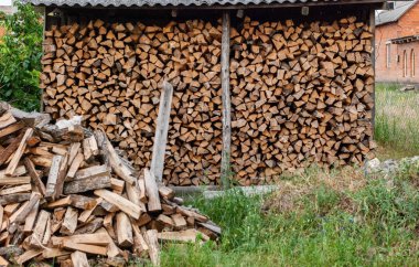 Eski bir kayrak gölgelik altında dokulu biter ile yakacak odun yığını.