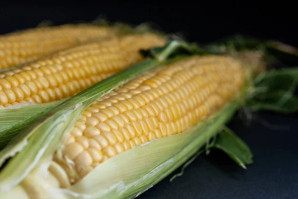 Yellow sweet raw corn on a black background — Stock Photo, Image