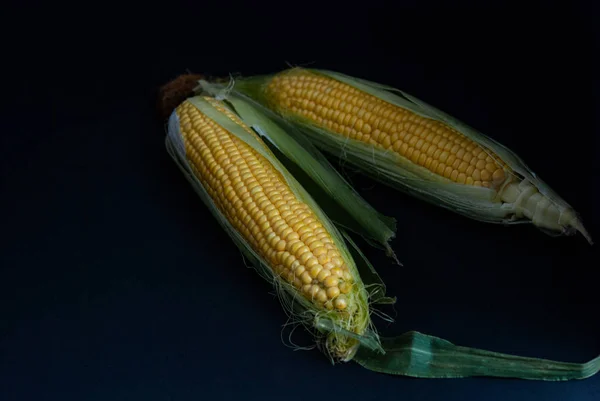 Yellow sweet raw corn on a black background close-up — Stock Photo, Image