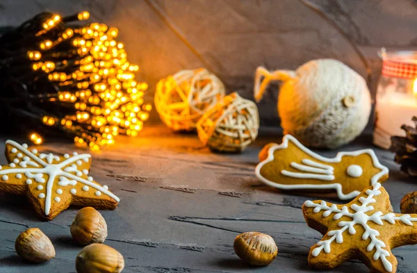 Christmas Gingerbread Cookies Decorated Icing Sugar White Candies Dark Background — Stock Photo, Image