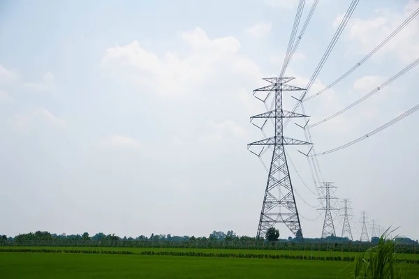 Large high-voltage power poles on the fields, Thailand. Royalty Free Stock Images