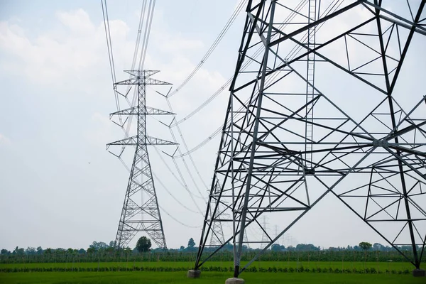Large high-voltage power poles on the fields, Thailand. Stock Picture