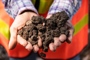 Personel, çiftçinin toprağın kalitesini kontrol ediyor. 