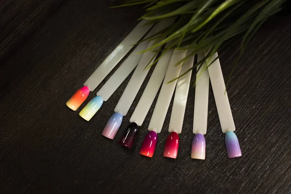 palette of gradient tips for nails. Nail palette of different designs and gel polishes.