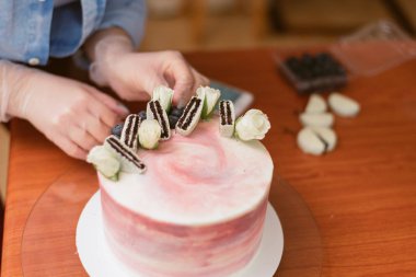 pudra gül, yaban mersini ve bisküvi ile güzel bir pasta Süsle