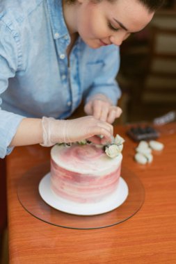 pudra gül, yaban mersini ve bisküvi ile güzel bir pasta Süsle