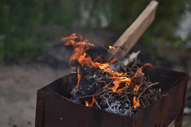 Eski ızgarada odun ve dallar. Piknikte ateş yakışuyor. İnsanlar kömür yapmak için yakacak odun yakıyor.