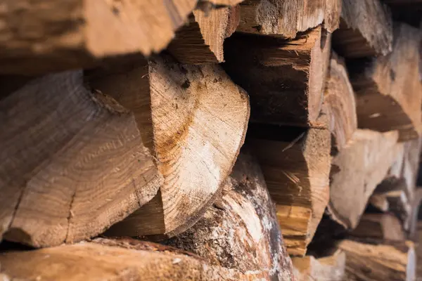 阳光下的木头裂开了 生锈背景上的木桩 成堆的木柴 冬季的木柴 — 图库照片