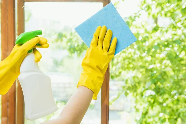 A cleaning company cleans the window of dirt. Housewife polishes the windows of the house.