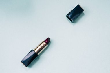 Mavi pastel arka plan üzerinde altın bir kasa kırmızı parlak ruj. Tasarımcılar ve bloglar için şablon