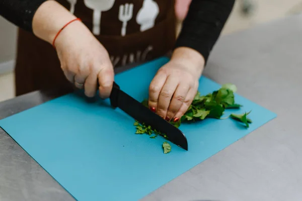 La muchacha corta la verdura, la cebolla, el perejil y los condimentos distintos con el cuchillo a la tabla de cortar. Mujer cocina corta ensalada para cocinar — Foto de Stock