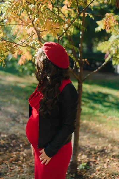 Zwanger meisje in een rode jurk op een herfst achtergrond — Stockfoto