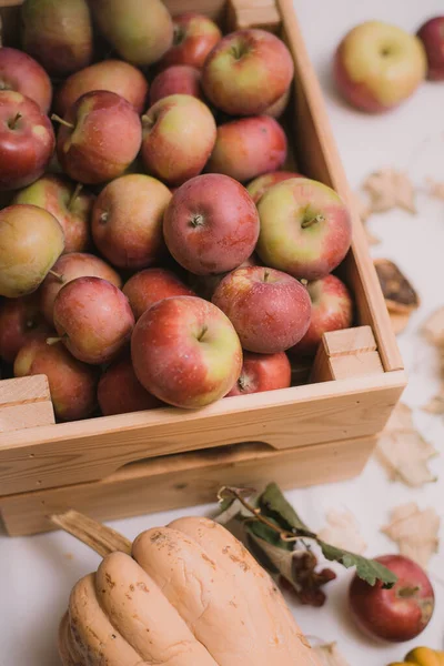 A box of rustic sweet apples on a table at home. Autumn still life. — Stock Photo, Image