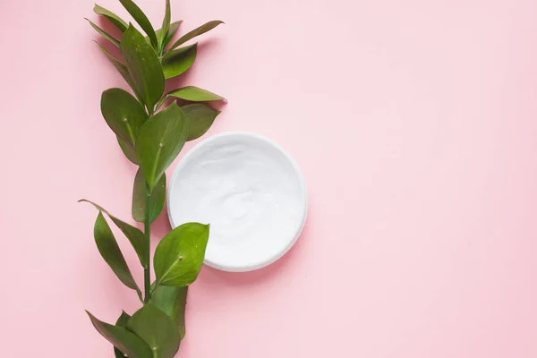Means for skin care, rejuvenation and hydration of the face. Moisturizing cream on a patel pink background with a branch of green . The philosophy of self care and skin care. Natural flower extract co — Stock Photo, Image