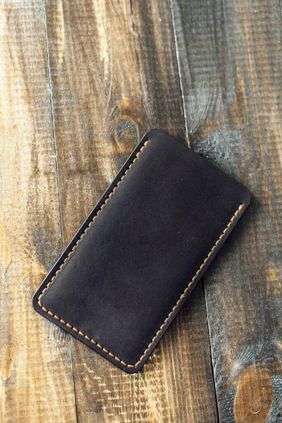 Leather Luxury Phone Case Wooden Background Beautiful Genuine Leather Phone — Stock Photo, Image