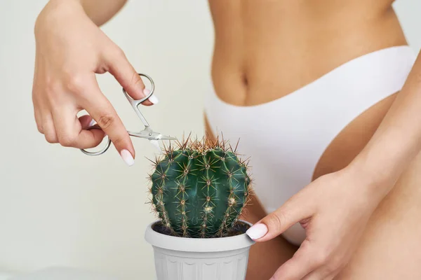 Niña Corta Cactus Grande Con Tijeras Área Ingle Concepto Higiene — Foto de Stock