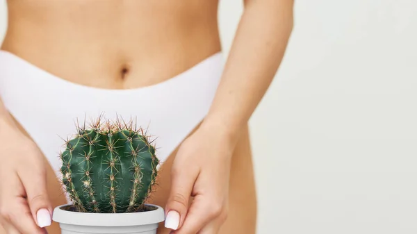 Depilación Concepto Zona Bikini Mujer Sostiene Cactus Maceta Sobre Fondo — Foto de Stock