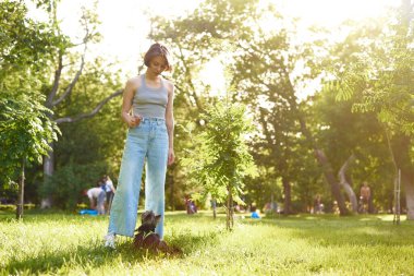 Genç bir kadın küçük köpeğiyle oturmak için komutayı inceliyor. Yavru köpek, kadınlarla koşuyor. Koşu egzersizi yapıyor. Açık hava parkı, koşu ve spor yapıyor..