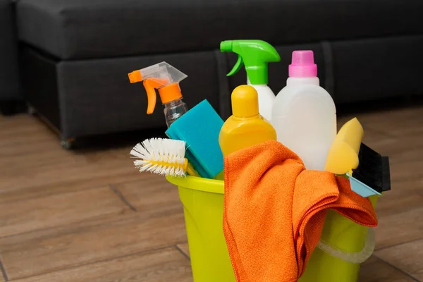 Balde Amarelo Com Detergente Chão Limpezas Estão Balde — Fotografia de Stock