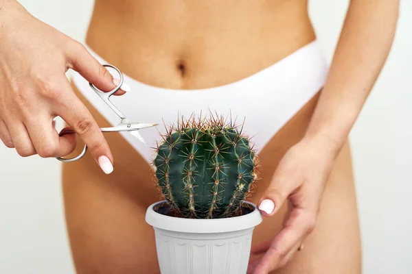 Depilación Concepto Zona Bikini Primer Plano Mujer Joven Con Cactus — Foto de Stock