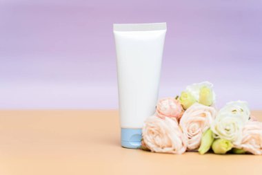 Beyaz tüpler içinde krem ve losyon ve gül çiçekleriyle bej bir arka planda. Cilt bakımı için doğal malzemelerden kozmetik ürünler.