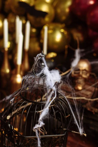 Una gabbia con ragnatele artificiali sullo sfondo di palle e teschi. Decorazioni e decorazioni per Halloween. Immagine verticale — Foto Stock