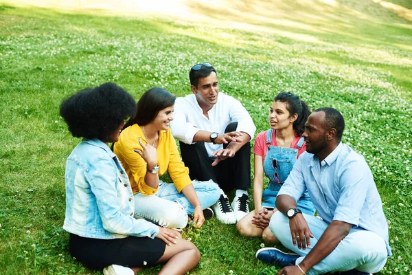 Afghan, black, mexican and indian chatting while sitting in the park on the grass. The concept of communication of different nationalities
