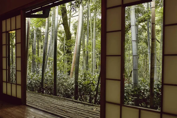 View of a Japanese forest through open doors and windows at an old building in Okochi Sanso, Arashiyama, Japan