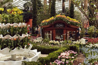 Güzel tropik bahçeler ve bahçeleri tarafından Bay, Singapur, çiçek kubbe mimarisinde.  