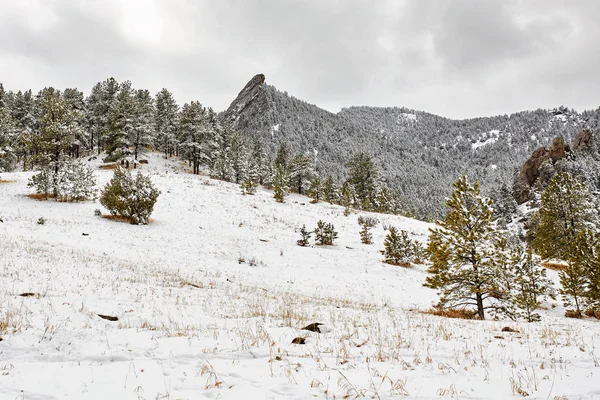 Une Tempête Neige Printanière Couvre Chaîne Montagnes Vallée Les Flatirons — Photo