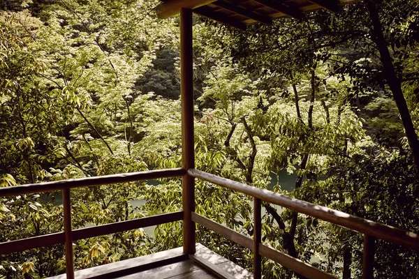 Utsikt Över Skog Och Lönnträd Från Träbalkong Gammal Byggnad Kyoto — Stockfoto