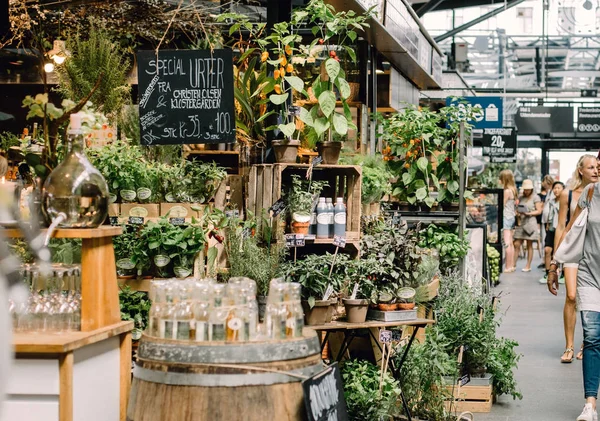 Danimarka, Kopenhag - 20 Temmuz 2016: İnsanlar Torvehallerne Pazarı 'nın yeşil bitkilerle çevrili salonlarına göz atıyorlar.  