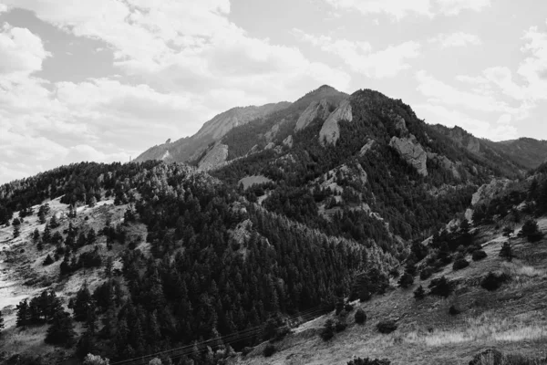 Foothills and Rocky Mountains in black and  white at NCAR Trail head, National Center For Atmospheric Research, in Boulder, Colorado