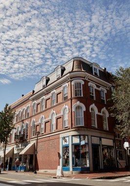Portland, Maine - September 26th, 2019:  Exterior of brick buildings in historic Old Port district of Portland, Maine. clipart