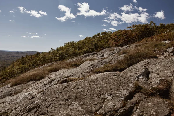 Camden, Maine 'deki Camden Hills Stat Park' taki Battie Dağı 'nın zirvesinde anakayanın üzerinden yürüyorum..