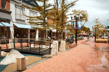 Boulder, Colorado - 27 Mayıs 2020: Pearl Street Mall 'da tırmanan kayalar ve yaya köprüsünün yer aldığı çocuk oyun alanı.  