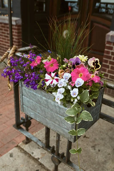 Pflanzkasten Aus Metall Gefüllt Mit Einer Vielzahl Von Blumen Entlang Stockfoto