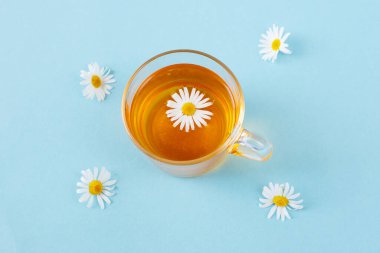 Mavi arka planda papatya çayı.