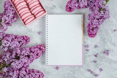 Pembe leylak çiçekleri ve beyaz arka planda not defteri. Üst Manzara. düz alan, kopyala boşluk.