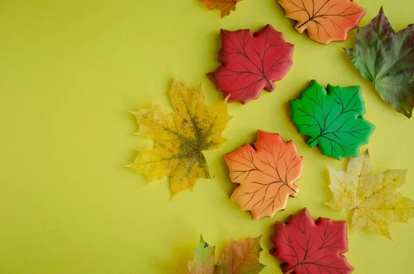 Autumn leaves and gingerbread cookies in the form of maple leaves on a yellow background.